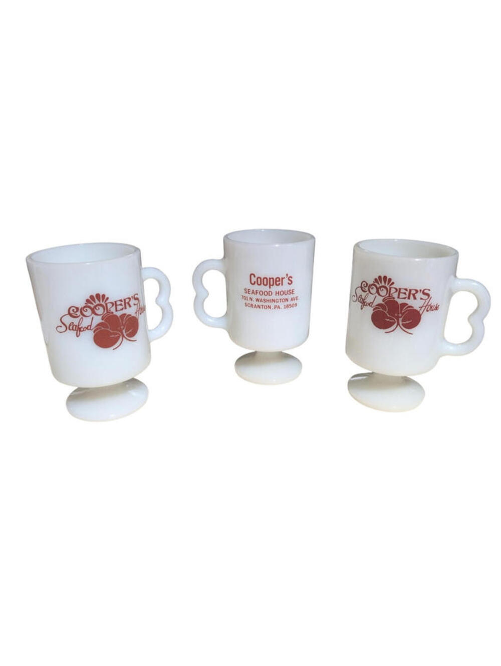Vintage White Milk Glass Coffee Mug Cooper’s Seafood House Scranton PA Set Of 3